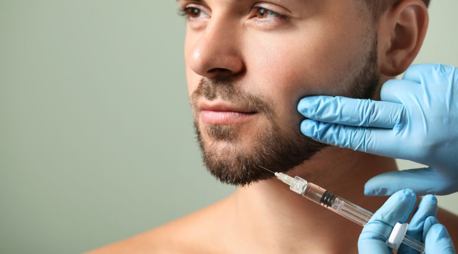 Infiltración en la mejilla de un hombre con barba en consulta