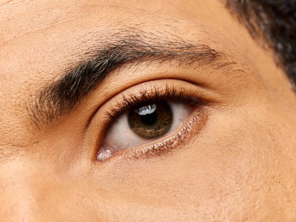 Ceja masculina poblada y de aspecto natural junto al ojo, en primer plano