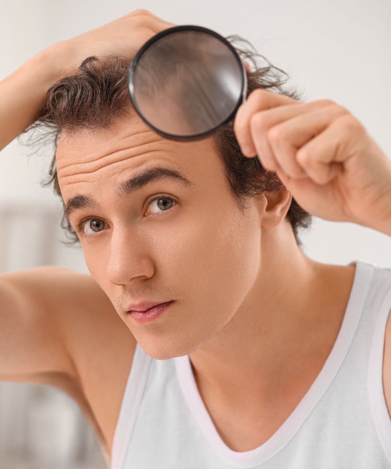 Hombre joven revisando su pelo con una lupa