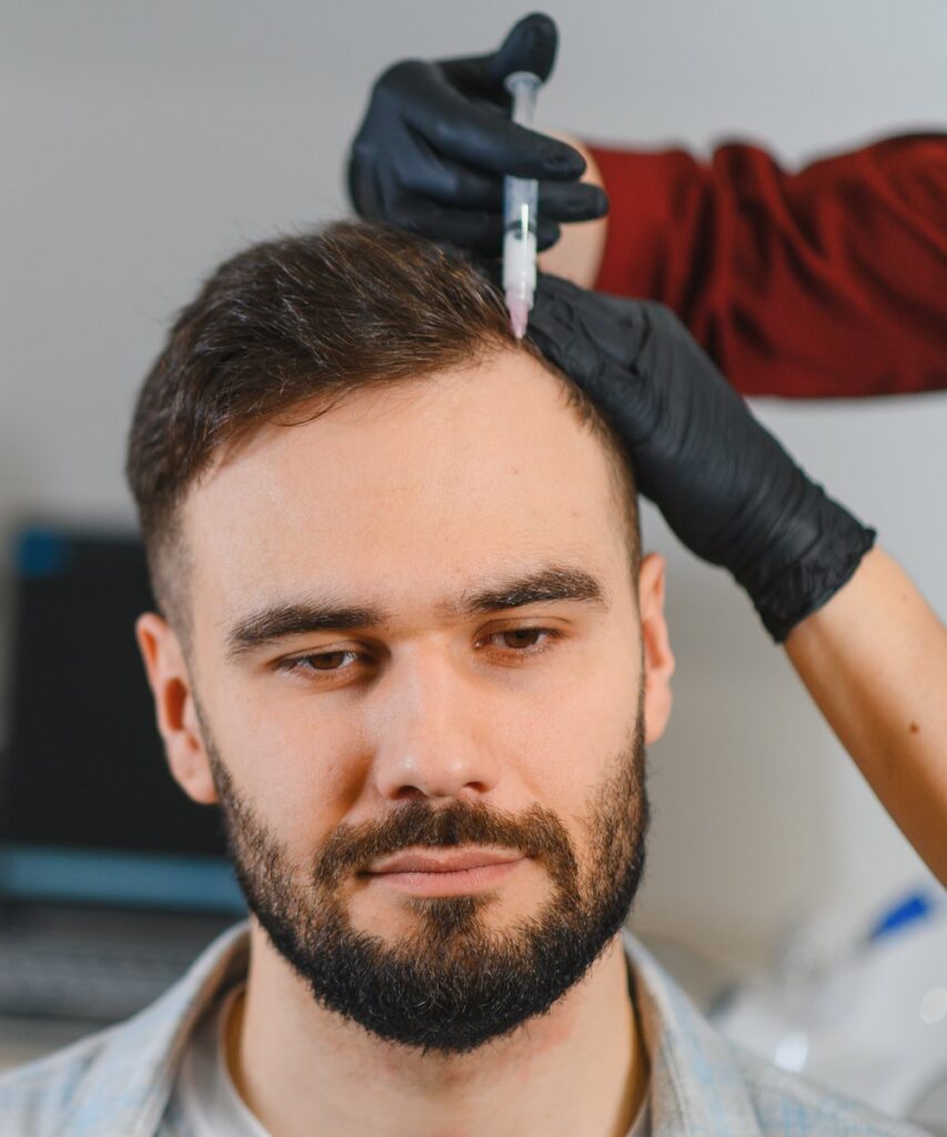 Hombre recibiendo una sesión de mesoterapia en el cuero cabelludo