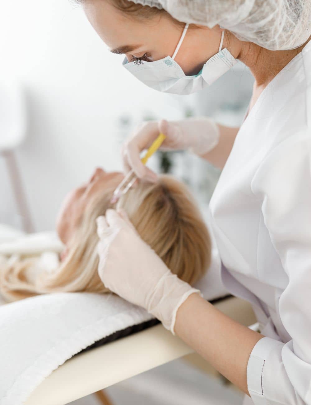 Especialista con mascarilla aplicando mesoterapia en la línea del pelo de una mujer tumbada